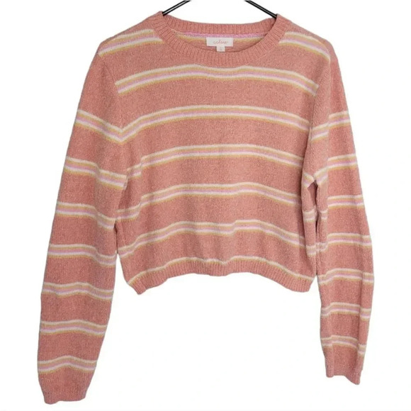 ‎Colsie Women's Pink Cropped Lounge Striped Sweatshirt - Picture 1 of 7